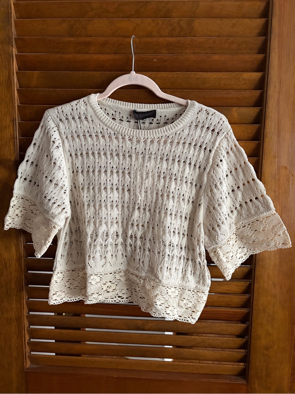 NWT Zara Open Knit Crochet Sweater Top Cream Boho Size L